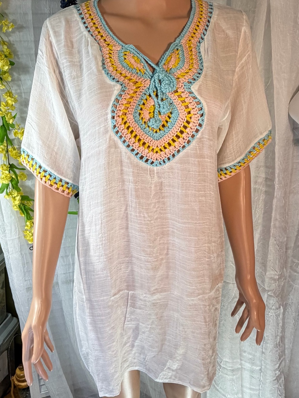 White Women's Tunic with Pastel Crochet Detail